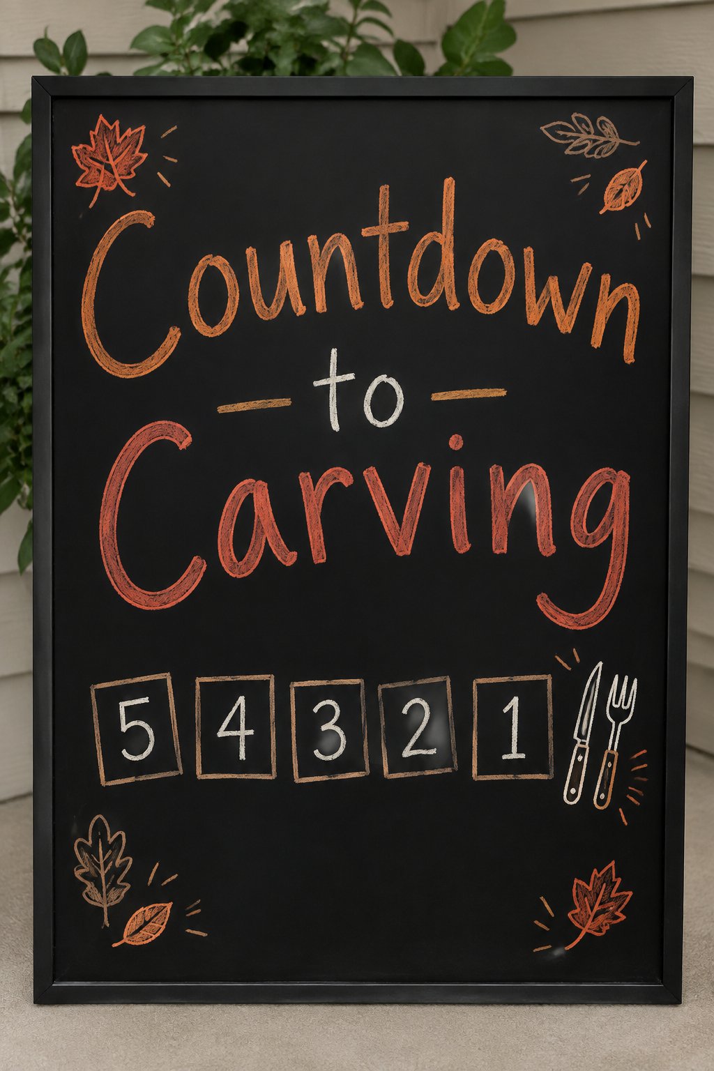 Countdown to Carving: a framed chalkboard sign showing "Countdown to Carving", hand-drawn in fall chalk colors, with a row of five small numbered boxes 5 4 3 2 1 with a tiny carving knife and fork doo