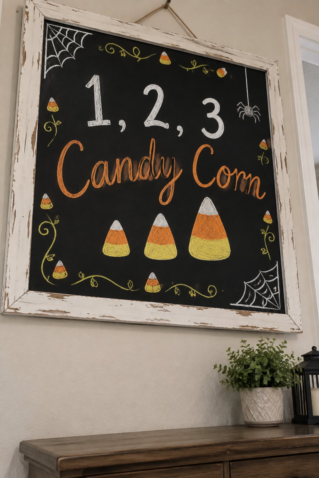 Counting Candy Corn Board: a framed Halloween chalkboard sign reading "1, 2, 3 Candy Corn", hand-drawn in chalk with three candy corn pieces lined up in ascending size beneath the numbers.