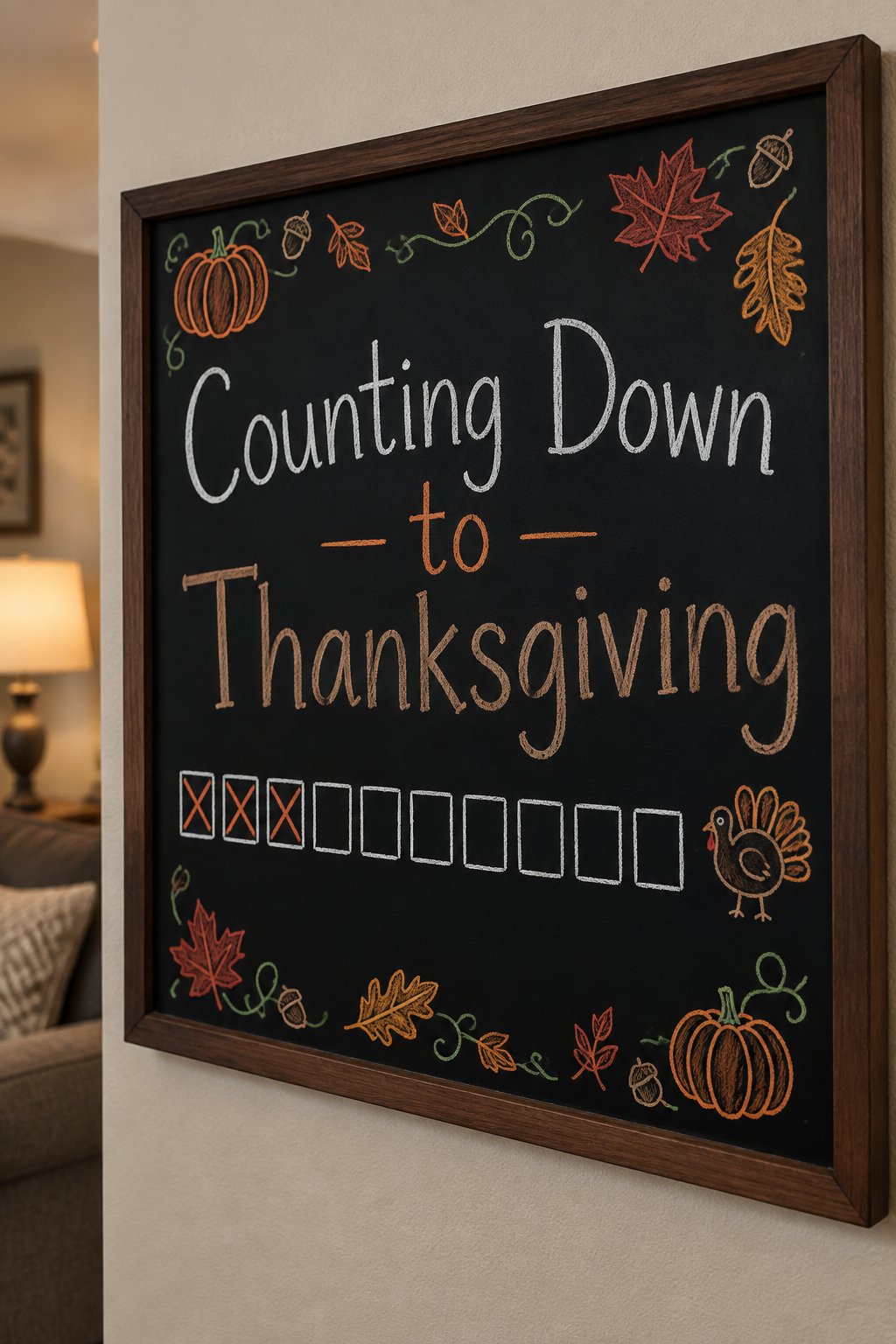 Counting Down to Thanksgiving Board: a framed fall chalkboard sign reading "Counting Down to Thanksgiving", hand-drawn in chalk with a row of ten clean, evenly drawn squares with a few crossed off, be
