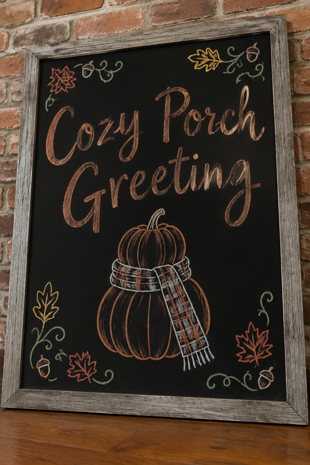 Cozy Porch Greeting: a framed fall chalkboard sign reading "Cozy Porch Greeting", hand-drawn in chalk with two stacked pumpkins with a plaid-patterned scarf doodled around them.