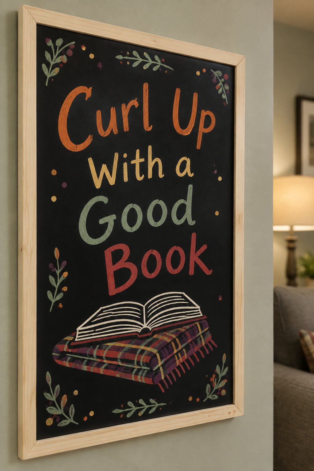 Cozy Reading Nook Sign: a framed fall chalkboard sign reading "Curl Up With a Good Book", hand-drawn in chalk with an open book resting on top of a folded plaid blanket, in burnt orange, gold, cream,