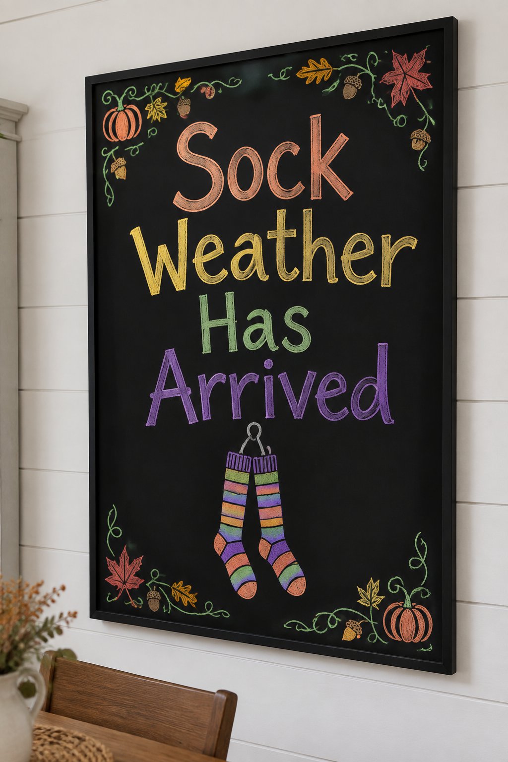 Cozy Sock Weather Board: a framed fall chalkboard sign reading "Sock Weather Has Arrived", hand-drawn in chalk with a pair of striped knee socks hanging from a small hook.