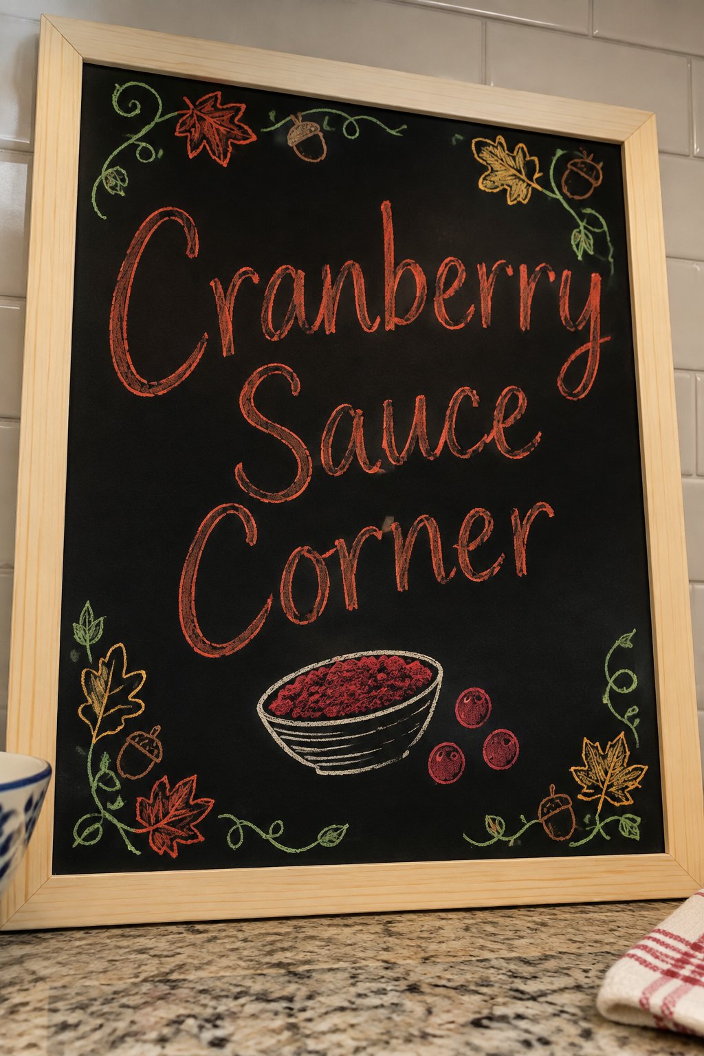 Cranberry Sauce Corner: a framed fall chalkboard sign reading "Cranberry Sauce Corner", hand-drawn in chalk with a small dish with three round berries scattered beside it.
