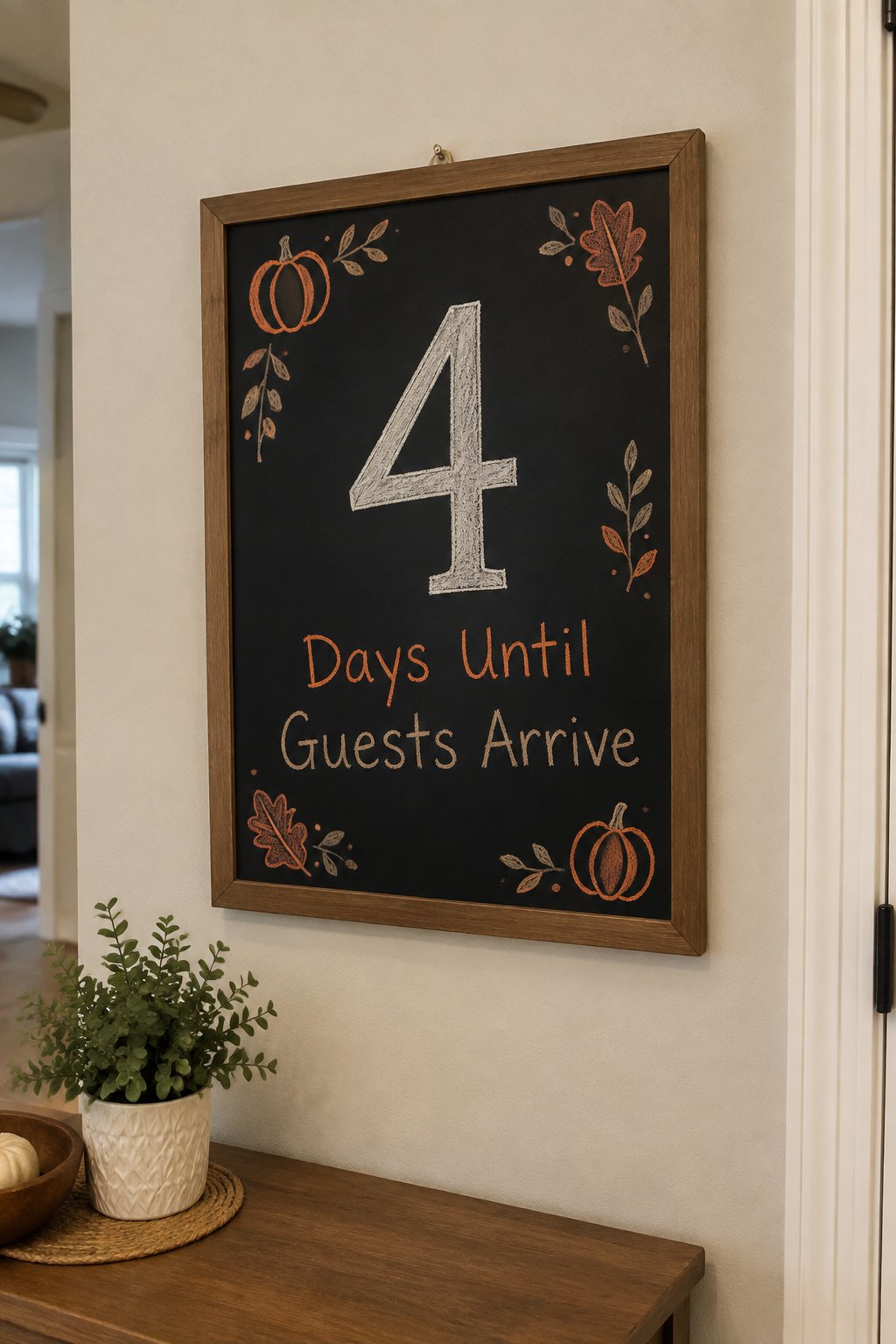 Days Until Guests Arrive: a framed chalkboard sign showing "4", hand-drawn in fall chalk colors, with Days Until Guests Arrive.