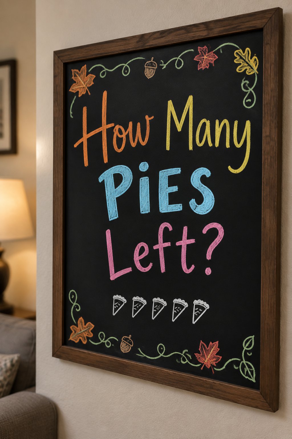Dessert Table Countdown Board: a framed fall chalkboard sign reading "How Many Pies Left?", hand-drawn in chalk with a small row of five pie-slice tally marks.