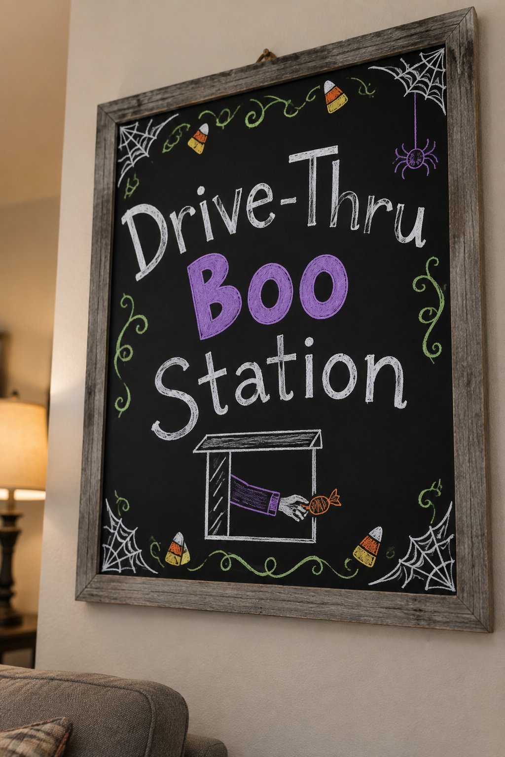 Drive Thru Boo Station: a framed Halloween chalkboard sign reading "Drive-Thru Boo Station", hand-drawn in chalk with a small drive-through window shape with one hand reaching out holding a piece of c