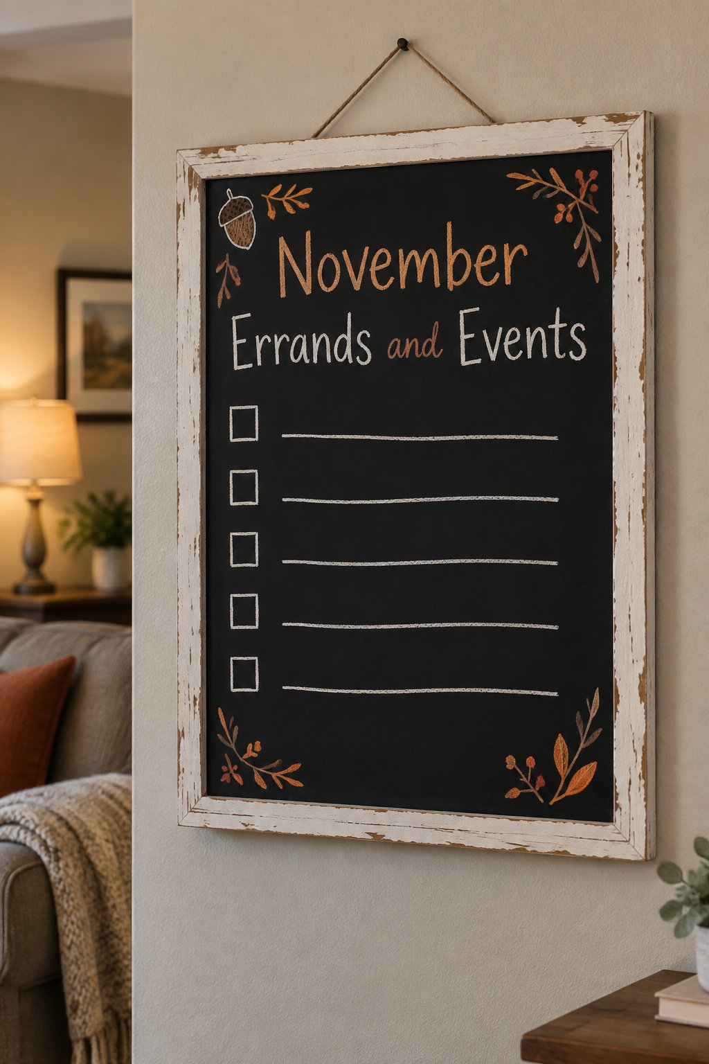 Errand and Event Tracker: a framed chalkboard sign showing "November Errands and Events", hand-drawn in fall chalk colors, with five blank lines beside five small empty checkboxes for appointments and