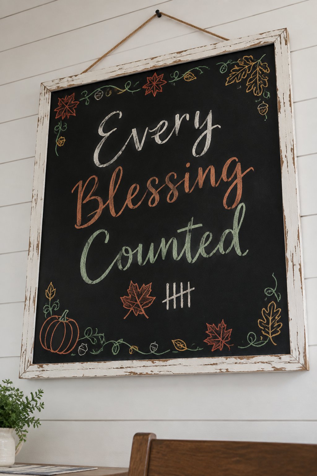 Every Blessing Counted Board: a framed fall chalkboard sign reading "Every Blessing Counted", hand-drawn in chalk with a small tally of five hash marks beside one falling leaf.