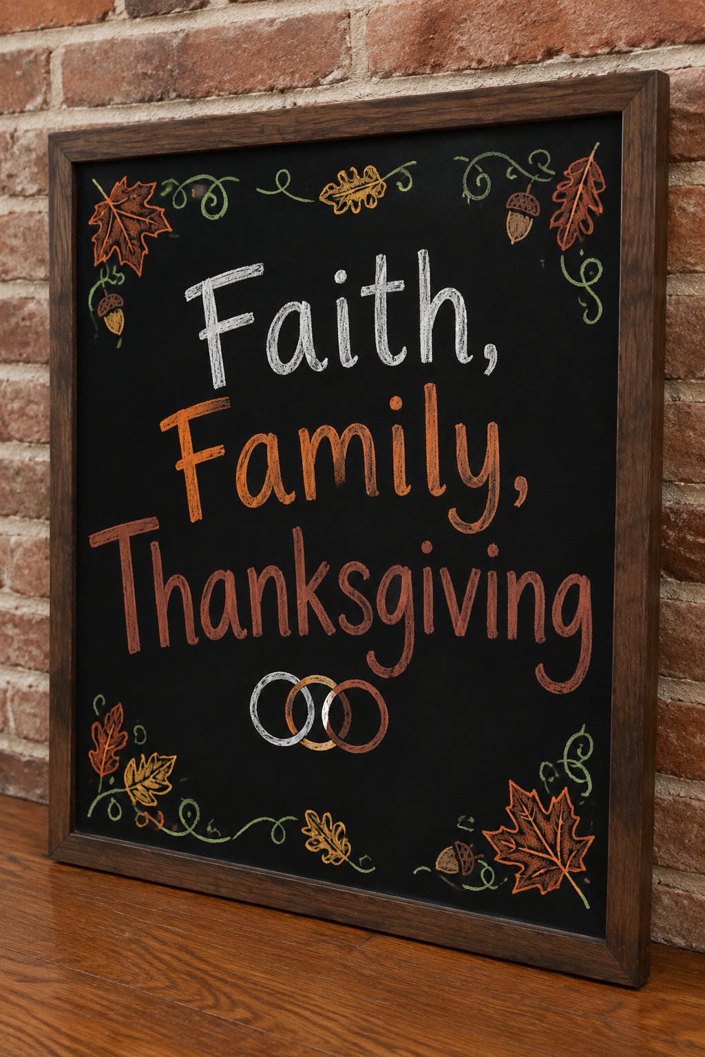 Faith, Family, Thanksgiving: a framed chalkboard sign showing "Faith, Family, Thanksgiving", hand-drawn in fall chalk colors, with three small interlocking rings, one for each word, drawn beneath the