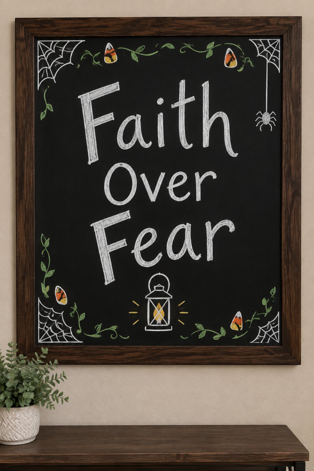 Faith Over Fear Board: a framed Halloween chalkboard sign reading "Faith Over Fear", hand-drawn in chalk with one small lantern drawn simply with a curved handle and a soft rounded glow line.