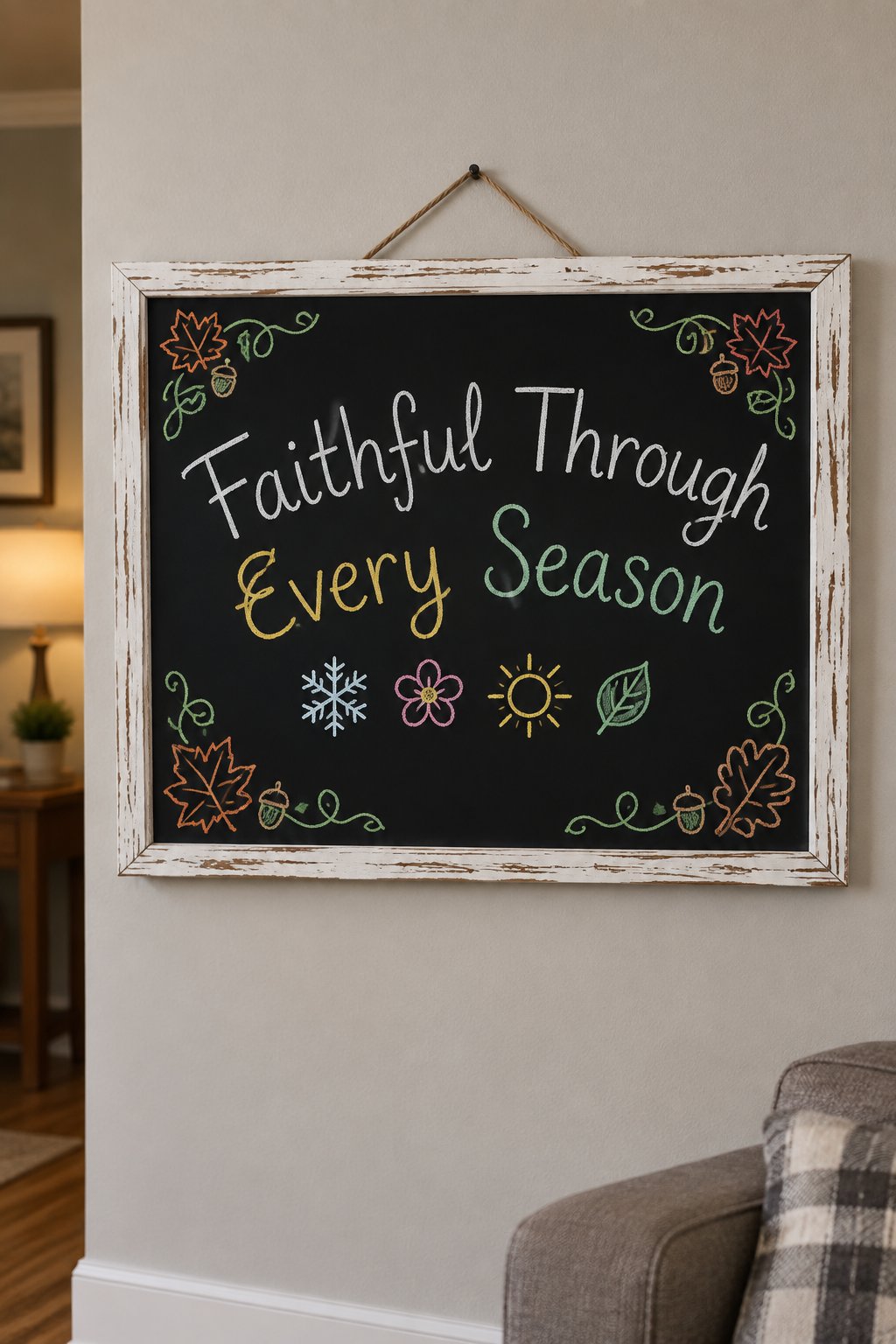 Faithful Through Every Season: a framed fall chalkboard sign reading "Faithful Through Every Season", hand-drawn in chalk with four tiny icons in a row: a snowflake, a flower, a sun and a leaf.