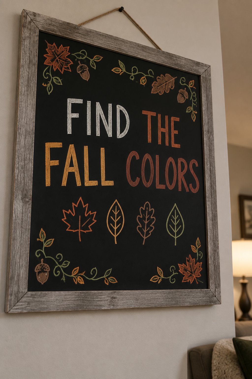 Fall Color Hunt Board: a framed fall chalkboard sign reading "FIND THE FALL COLORS", hand-drawn in chalk with four small leaf outlines in a row, each a different shape, lettered in solid block capital