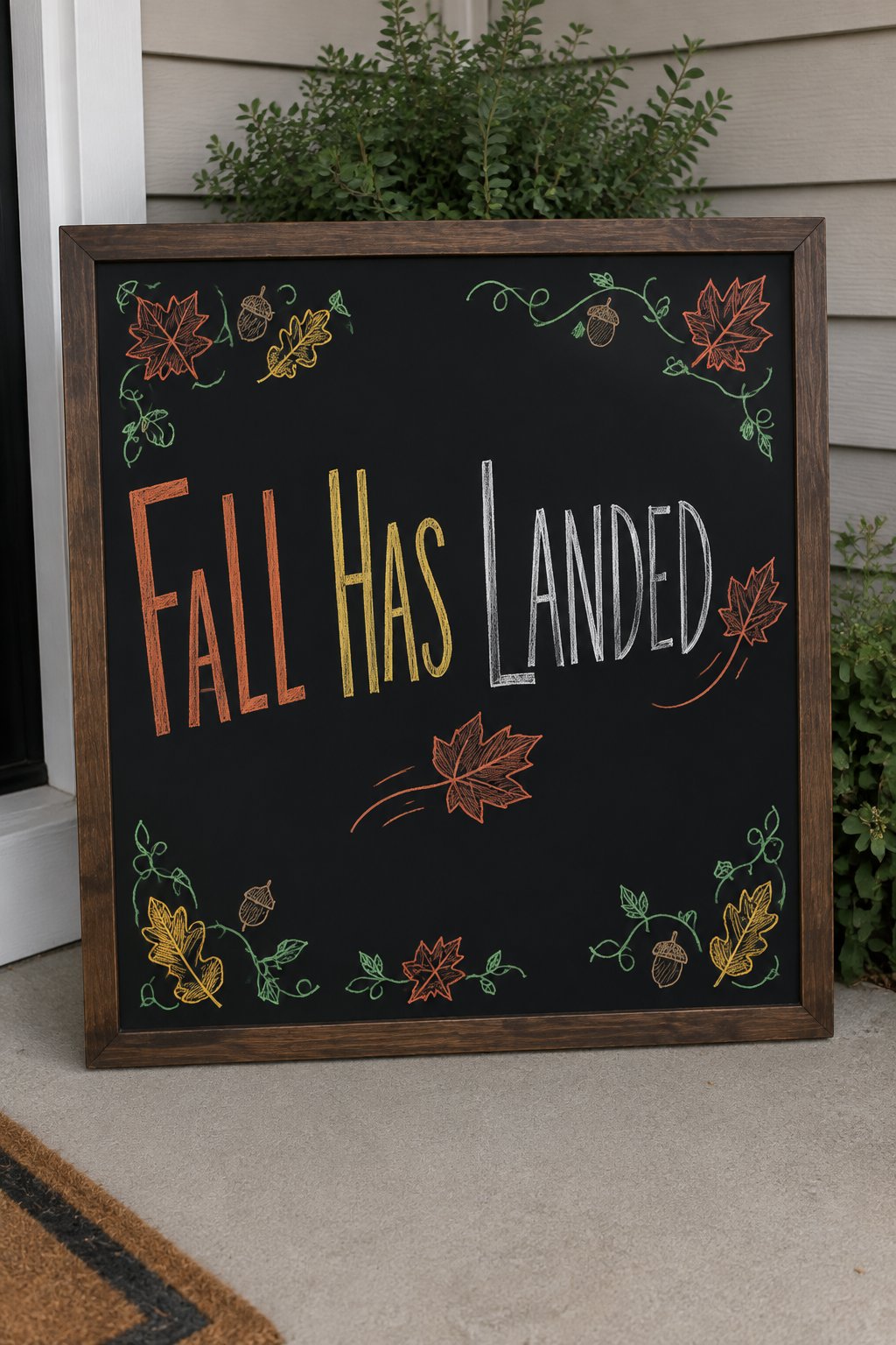 Fall Has Landed Sign: a framed fall chalkboard sign reading "Fall Has Landed", hand-drawn in chalk with one maple leaf drifting sideways beside the words.