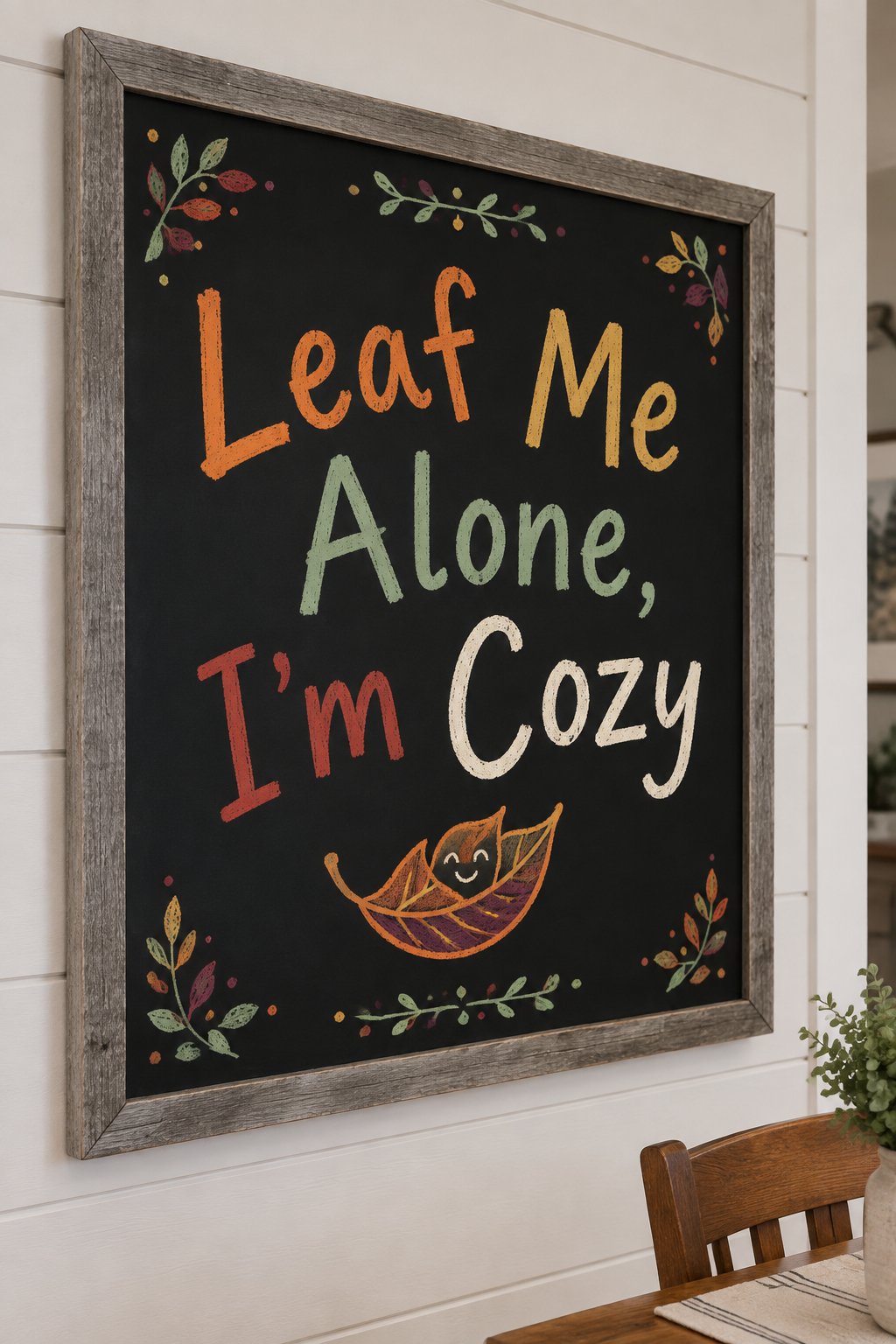 Fall Puns Only Board: a framed fall chalkboard sign reading "Leaf Me Alone, I'm Cozy", hand-drawn in chalk with one curled leaf with a small smiling face, in burnt orange, gold, cream, sage green, bri