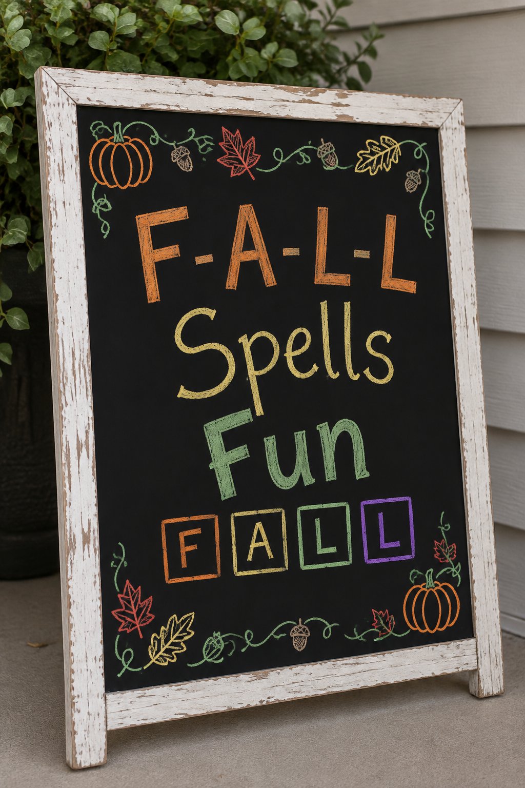 Fall Spelling Practice Board: a framed fall chalkboard sign reading "F-A-L-L Spells Fun", hand-drawn in chalk with a row of four small chalk squares, one letter drawn in each.