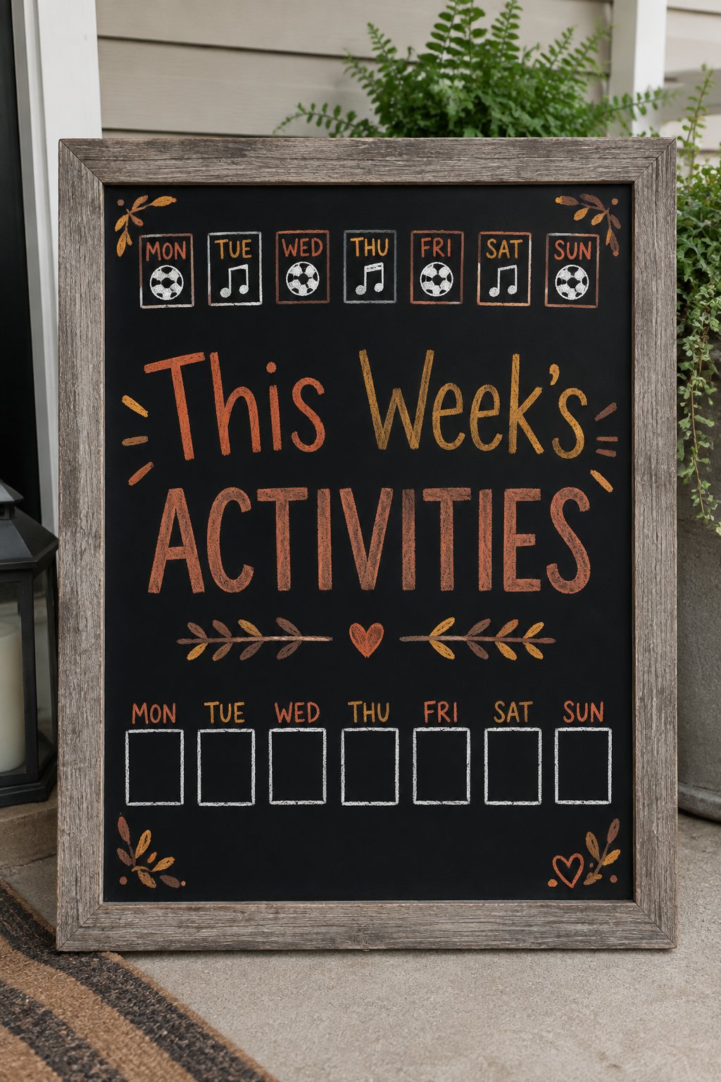 Family Activities Grid: a framed chalkboard sign showing "This Week's Activities", hand-drawn in fall chalk colors, with seven small boxes across the top, one for each day, each with a tiny soccer bal