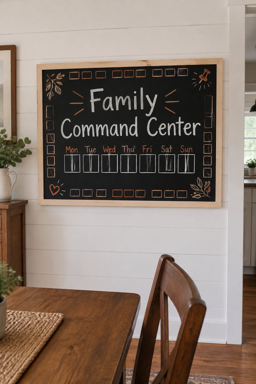 Family Command Center: a framed chalkboard sign showing "Family Command Center", hand-drawn in fall chalk colors, with two rows of small boxes for daily notes, with a tiny pushpin doodle in one corner