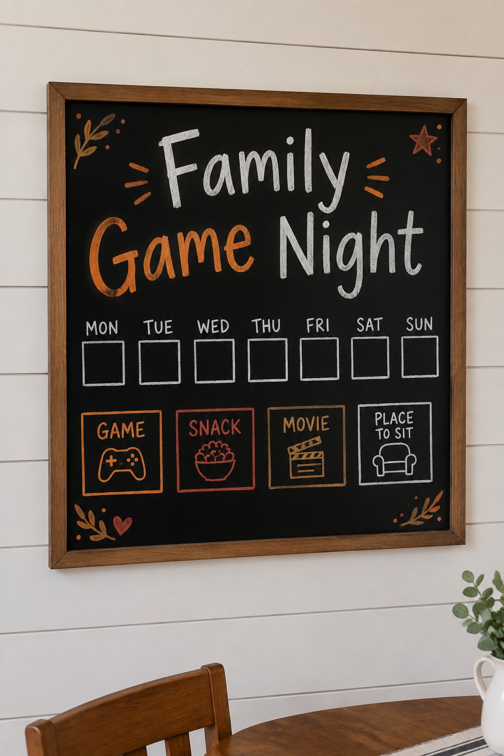 Family Game Night Planner: a framed chalkboard sign showing "Family Game Night", hand-drawn in fall chalk colors, with a short row of four small boxes for choosing a game, a snack, a movie and a place