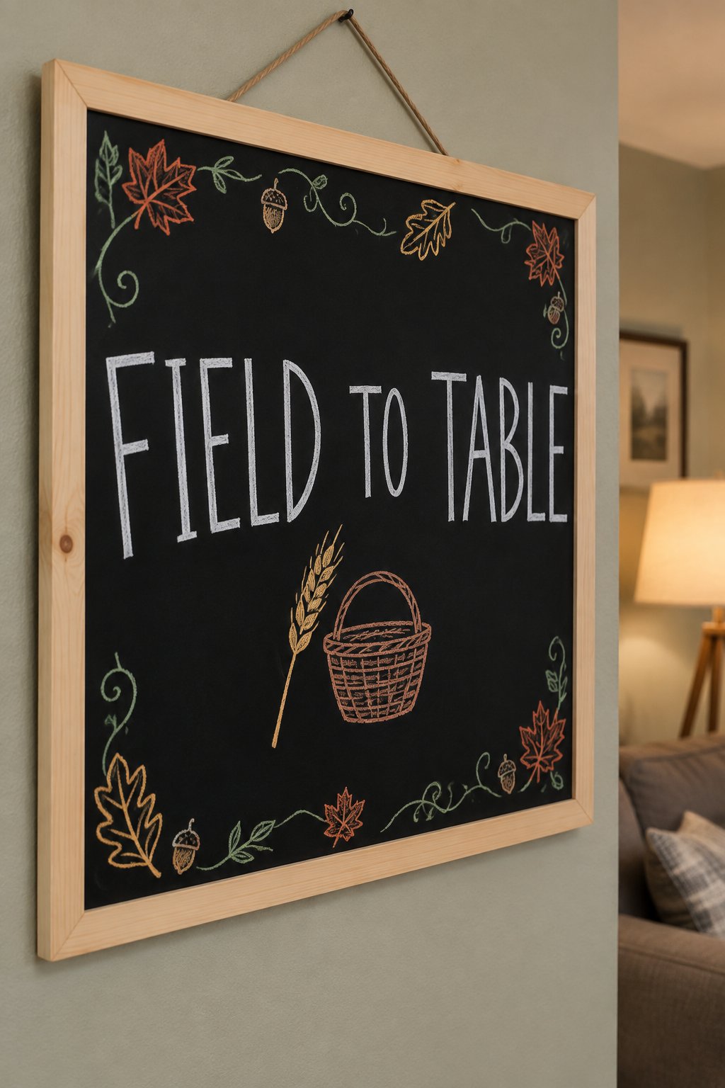 Field to Table Board: a framed fall chalkboard sign reading "Field to Table", hand-drawn in chalk with one wheat stalk leaning beside a small woven basket.