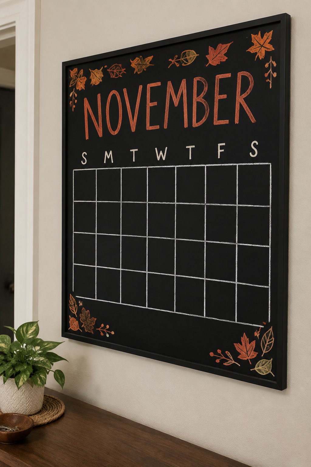 Fill-In Family Grid: a framed chalkboard sign showing "NOVEMBER", hand-drawn in fall chalk colors, with a border of small autumn leaves along the top edge.