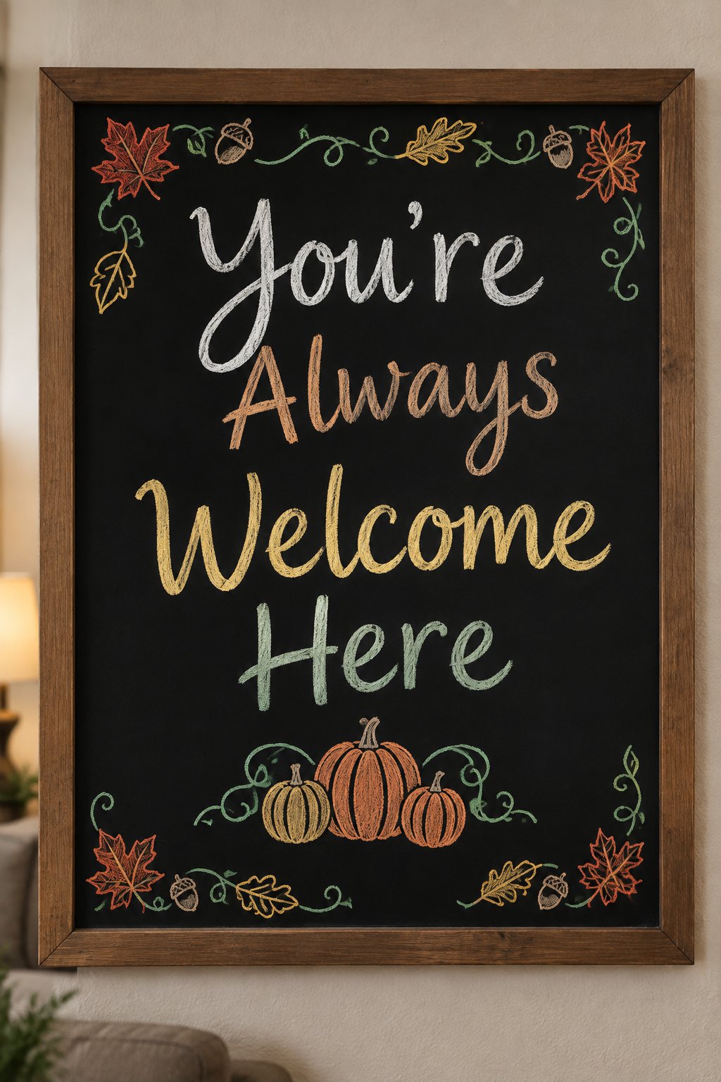 Front Door Autumn Welcome: a framed fall chalkboard sign reading "You're Always Welcome Here", hand-drawn in chalk with a cluster of three mini pumpkins with curly vines beside the words.
