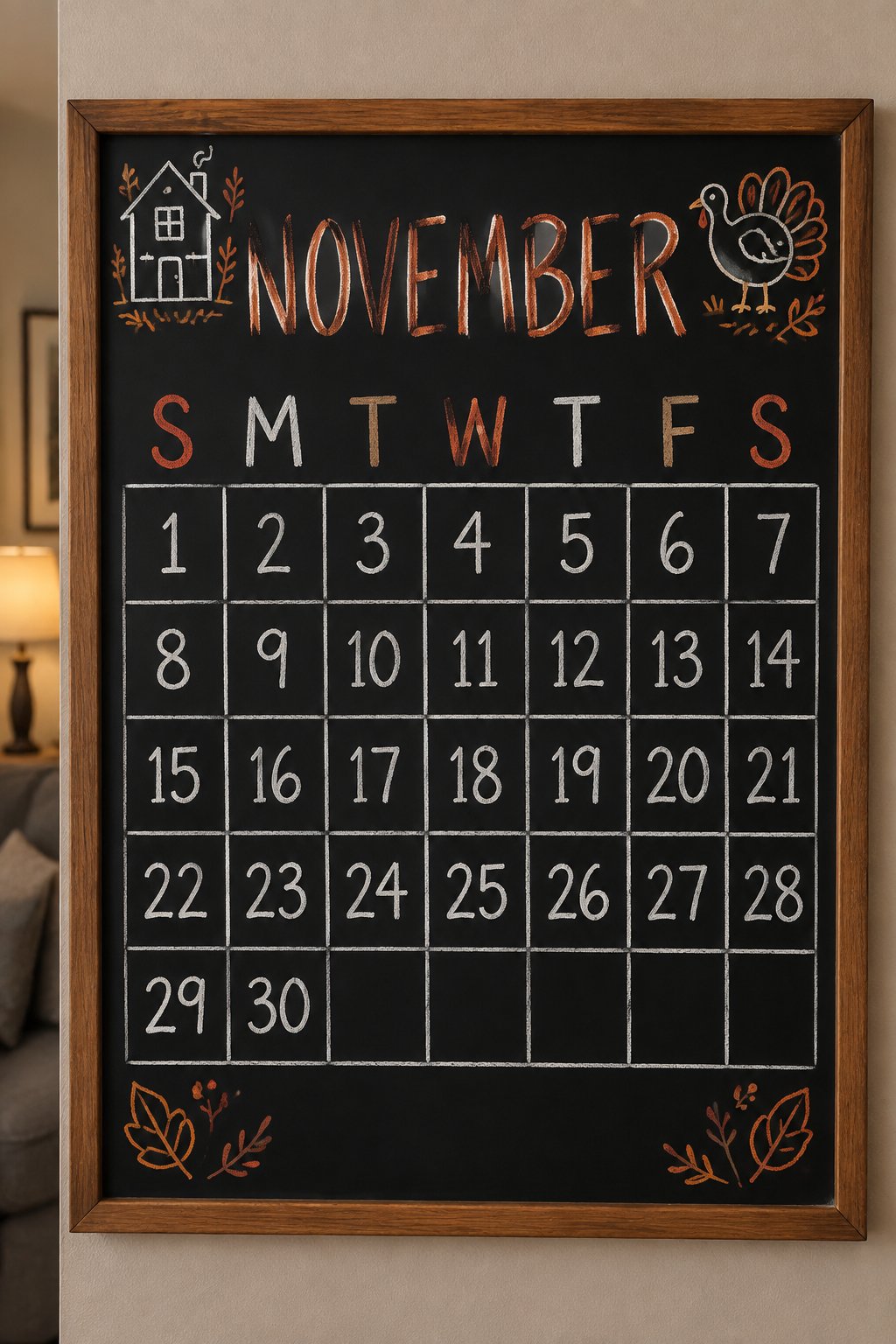 Full Family Month Grid: a framed chalkboard sign showing "NOVEMBER", hand-drawn in fall chalk colors, with a small house doodle and a turkey tucked into the top corners.