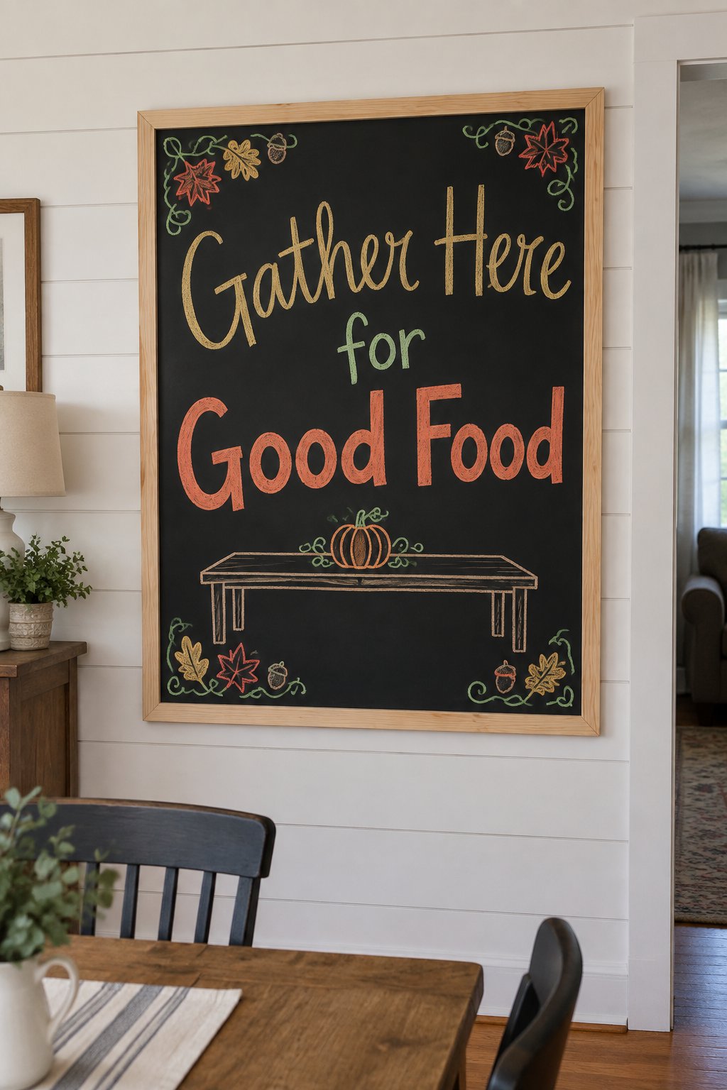 Gather for Good Food: a framed fall chalkboard sign reading "Gather Here for Good Food", hand-drawn in chalk with a simple long table outline with one pumpkin centerpiece sketched on top.