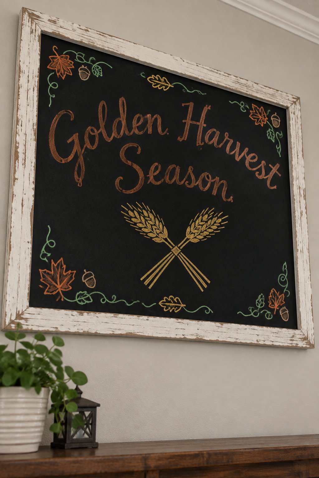Golden Harvest Season Sign: a framed fall chalkboard sign reading "Golden Harvest Season", hand-drawn in chalk with a sheaf of wheat crossed like an X.