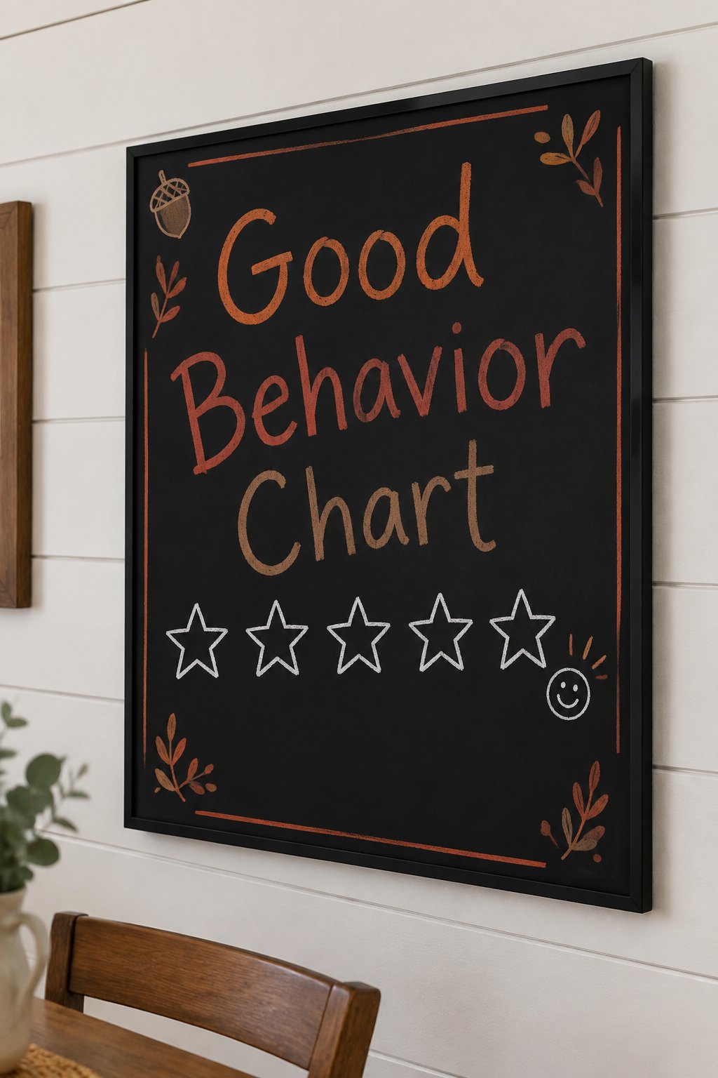 Good Behavior Chart: a framed chalkboard sign showing "Good Behavior Chart", hand-drawn in fall chalk colors, with five empty star outlines in a row for stickers, with a tiny smiley doodle at the end.