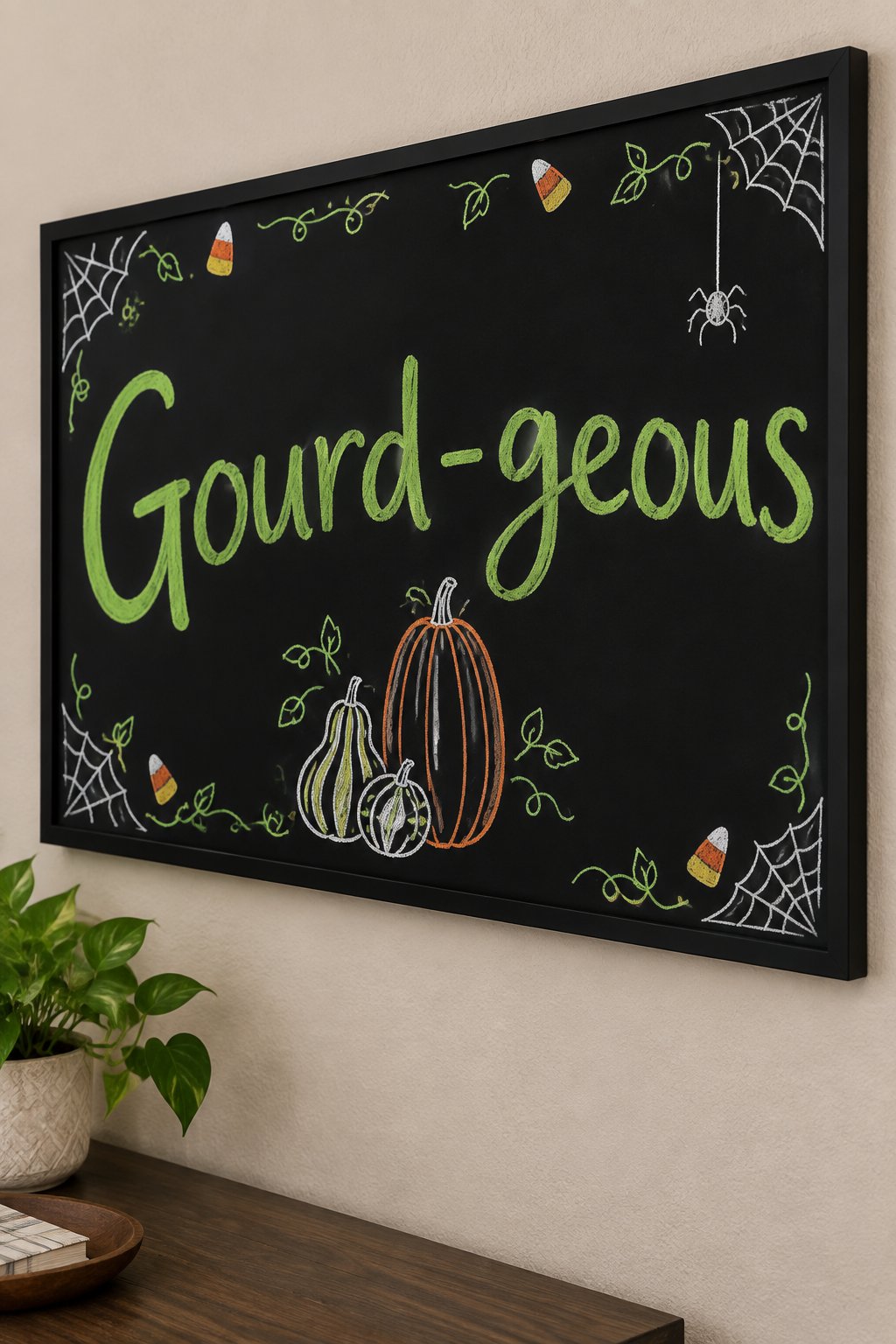 Gourdgeous Fall Porch: a framed Halloween chalkboard sign reading "Gourd-geous", hand-drawn in chalk with a small cluster of striped gourds beside one tall pumpkin.