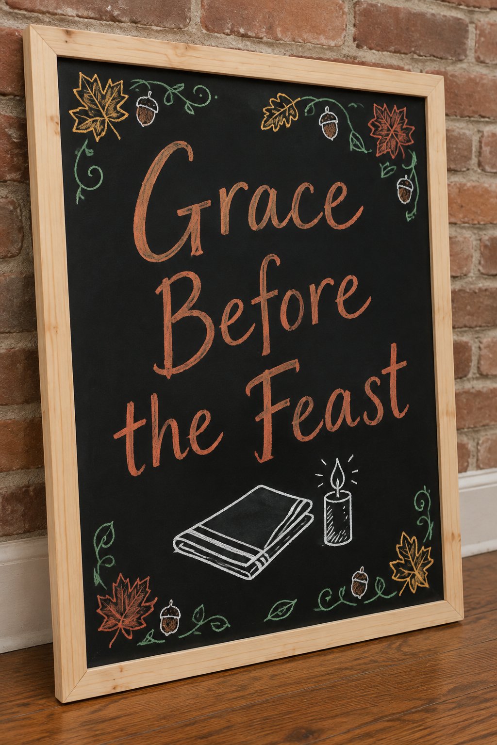 Grace Before the Feast Sign: a framed fall chalkboard sign reading "Grace Before the Feast", hand-drawn in chalk with a folded cloth napkin with one small candle beside it.