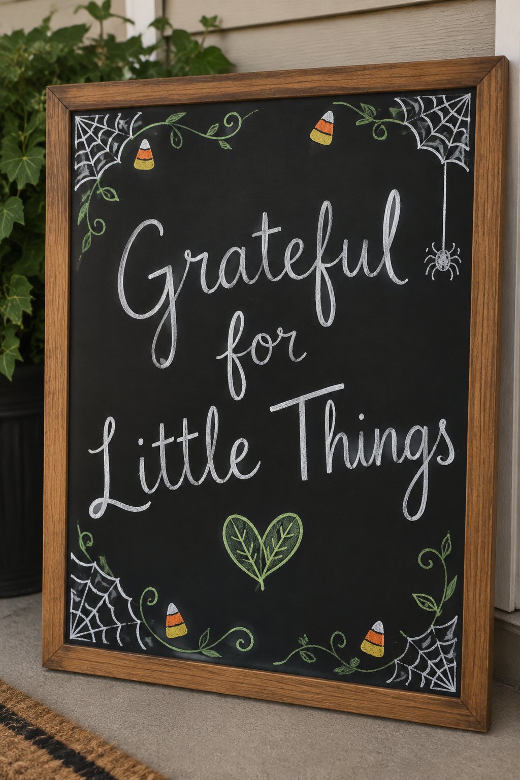Grateful for Little Things Board: a framed Halloween chalkboard sign reading "Grateful for Little Things", hand-drawn in chalk with one small heart shape made from two overlapping leaves.