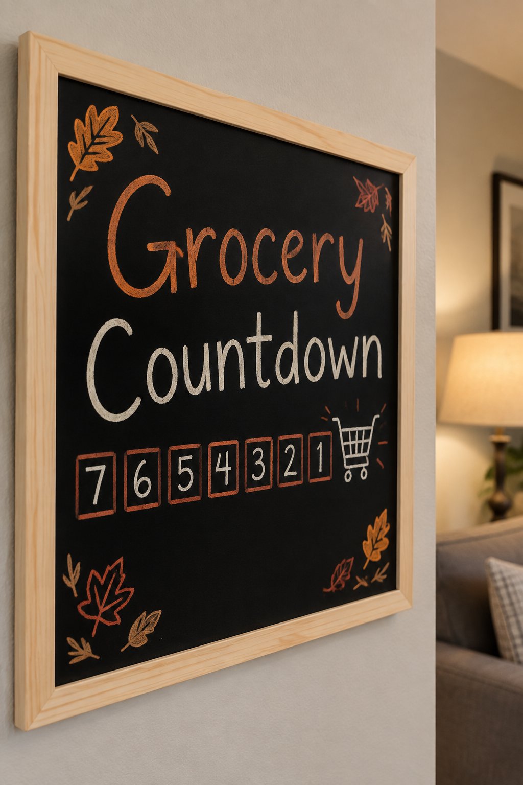 Grocery Countdown Board: a framed chalkboard sign showing "Grocery Countdown", hand-drawn in fall chalk colors, with a row of seven small numbered boxes counting down the days left to shop, with a tin