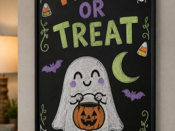 Trick or Treat chalkboard sign with a cute smiling ghost holding a pumpkin candy bucket under a crescent moon