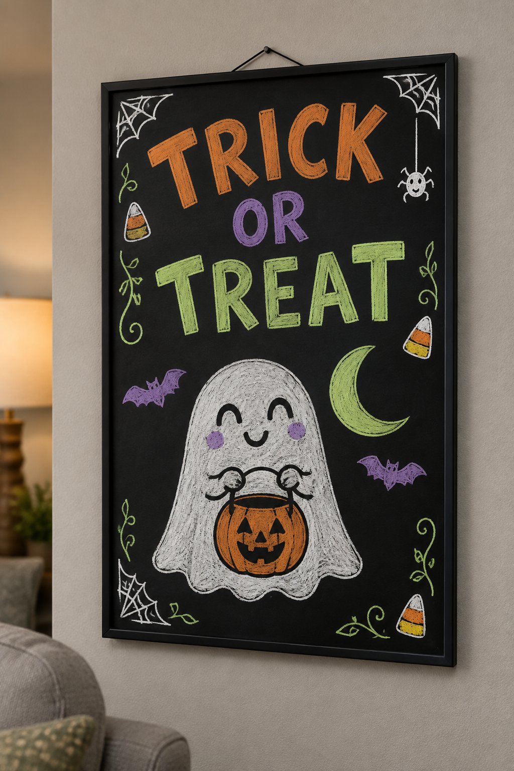 Trick or Treat chalkboard sign with a cute smiling ghost holding a pumpkin candy bucket under a crescent moon