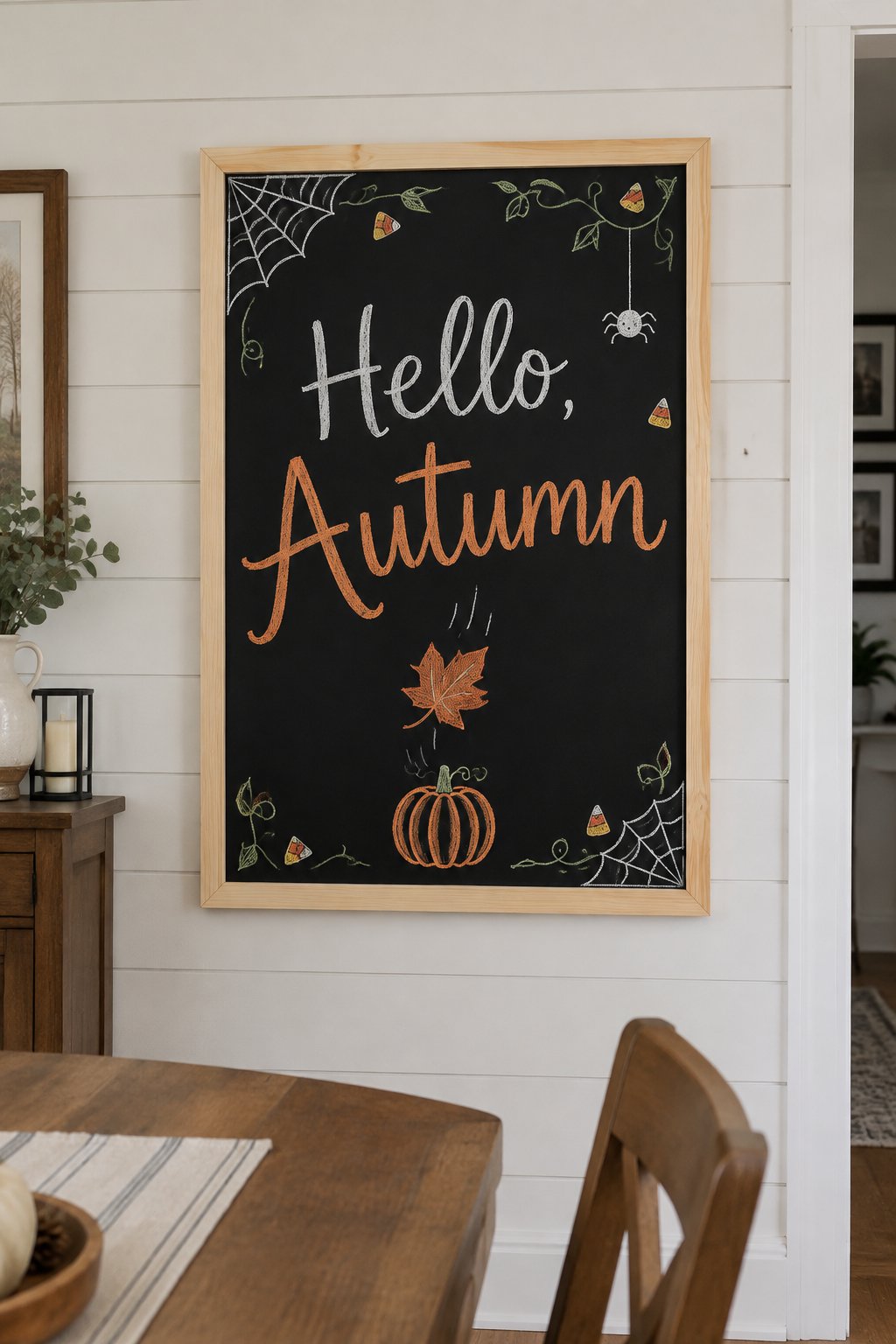 Hello Autumn Porch Sign: a framed Halloween chalkboard sign reading "Hello, Autumn", hand-drawn in chalk with a single maple leaf falling toward a small pumpkin waiting below it.