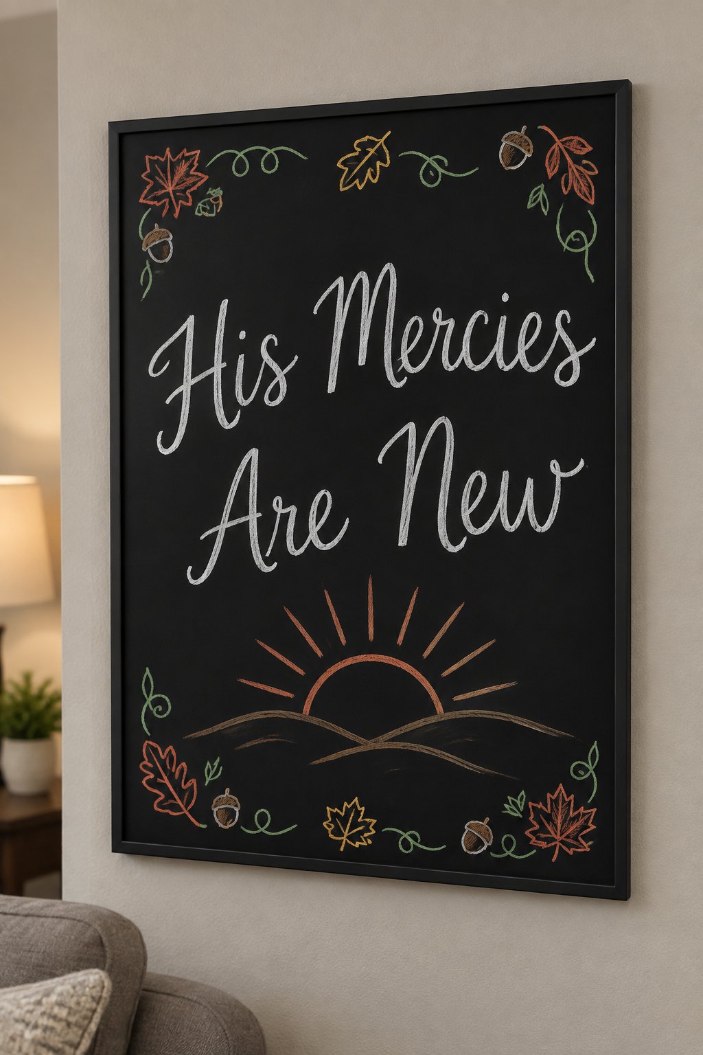 His Mercies Are New Sign: a framed fall chalkboard sign reading "His Mercies Are New", hand-drawn in chalk with a simple sunrise made of curved rays over a rolling hill.