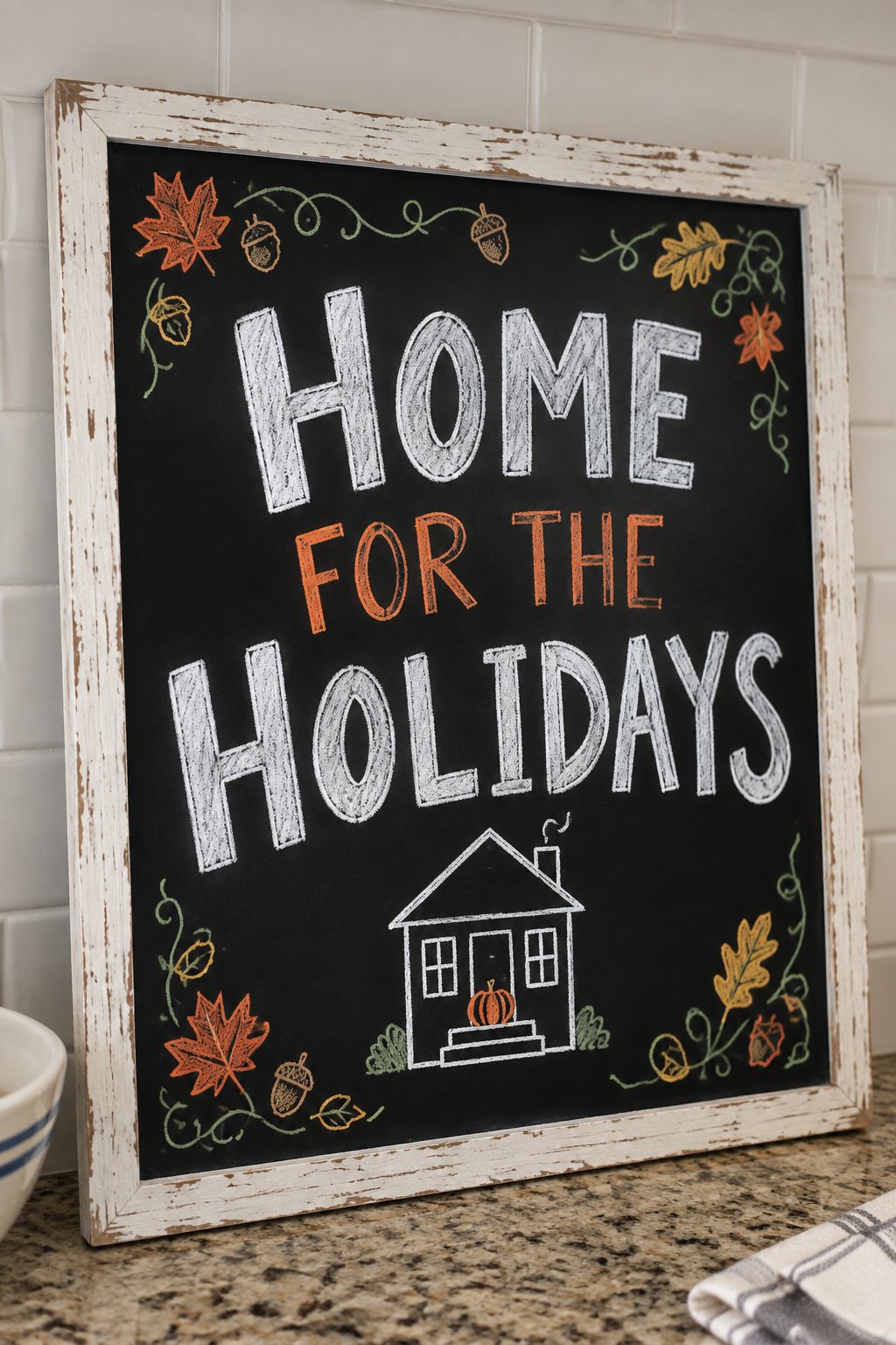 Home for the Holidays Sign: a framed fall chalkboard sign reading "Home for the Holidays", hand-drawn in chalk with a small house outline with one pumpkin sitting on the porch step.