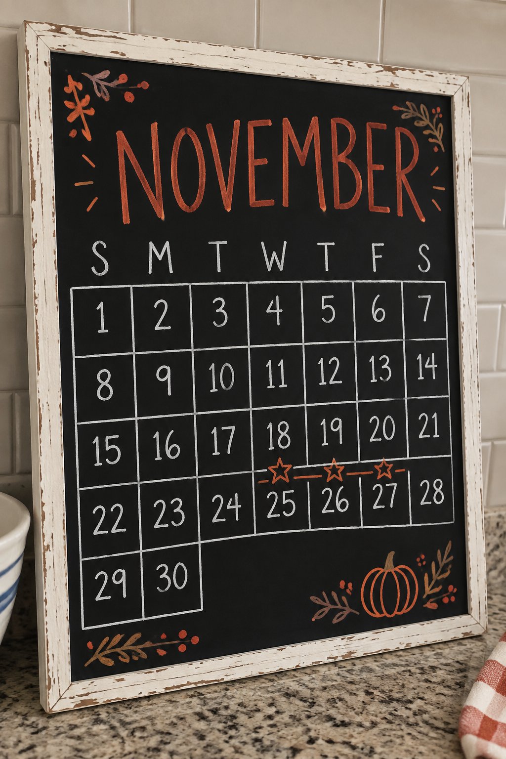 Hosting Week Marked Grid: a framed chalkboard sign showing "NOVEMBER", hand-drawn in fall chalk colors, with a small chalk star drawn over the Thanksgiving week to flag hosting days.