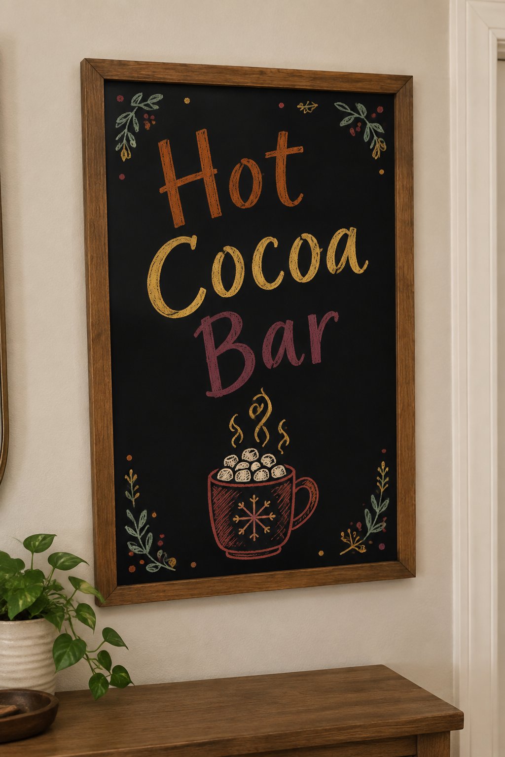 Hot Cocoa Bar Sign: a framed fall chalkboard sign reading "Hot Cocoa Bar", hand-drawn in chalk with a mug piled high with marshmallows and a swirl of steam, in burnt orange, gold, cream, sage green, b