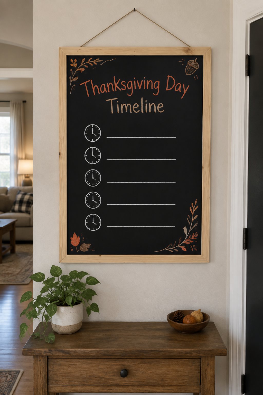 Hour-By-Hour Hosting Timeline: a framed chalkboard sign showing "Thanksgiving Day Timeline", hand-drawn in fall chalk colors, with five short rows of blank time slots, each one a blank line beside a s