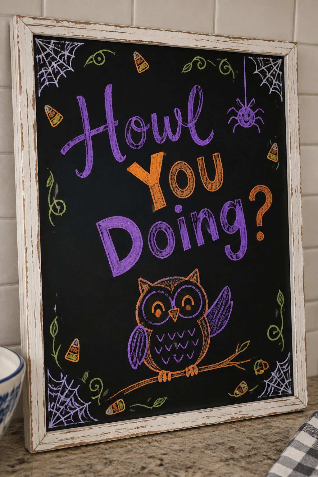 Howl You Doing: a framed Halloween chalkboard sign reading "Howl You Doing?", hand-drawn in chalk with a round smiling owl perched on a curved branch with one wing raised in a little wave.