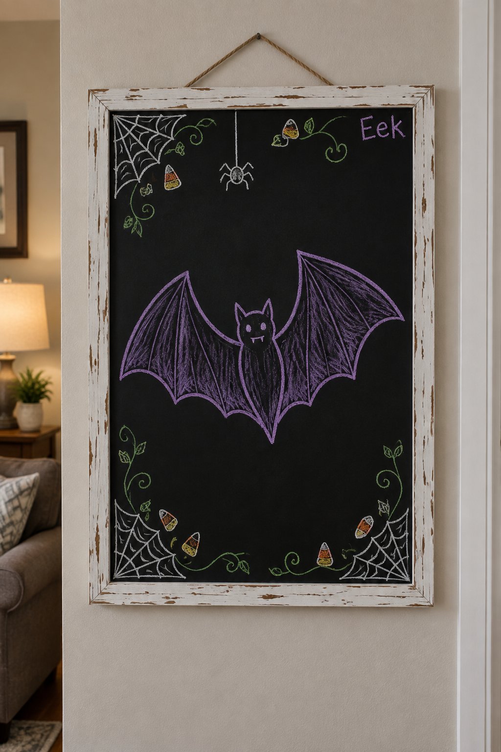 Just One Bat Board: a framed Halloween chalkboard sign reading "Eek", hand-drawn in chalk with one single oversized bat with wings spread wide, filling most of the board.