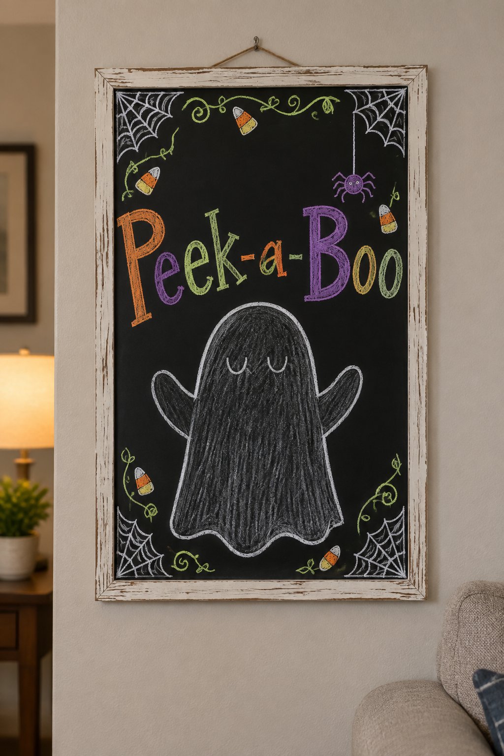 Just One Ghost Board: a framed Halloween chalkboard sign reading "Peek-a-Boo", hand-drawn in chalk with one single oversized ghost filling most of the board, small closed eyes, arms simply drawn.