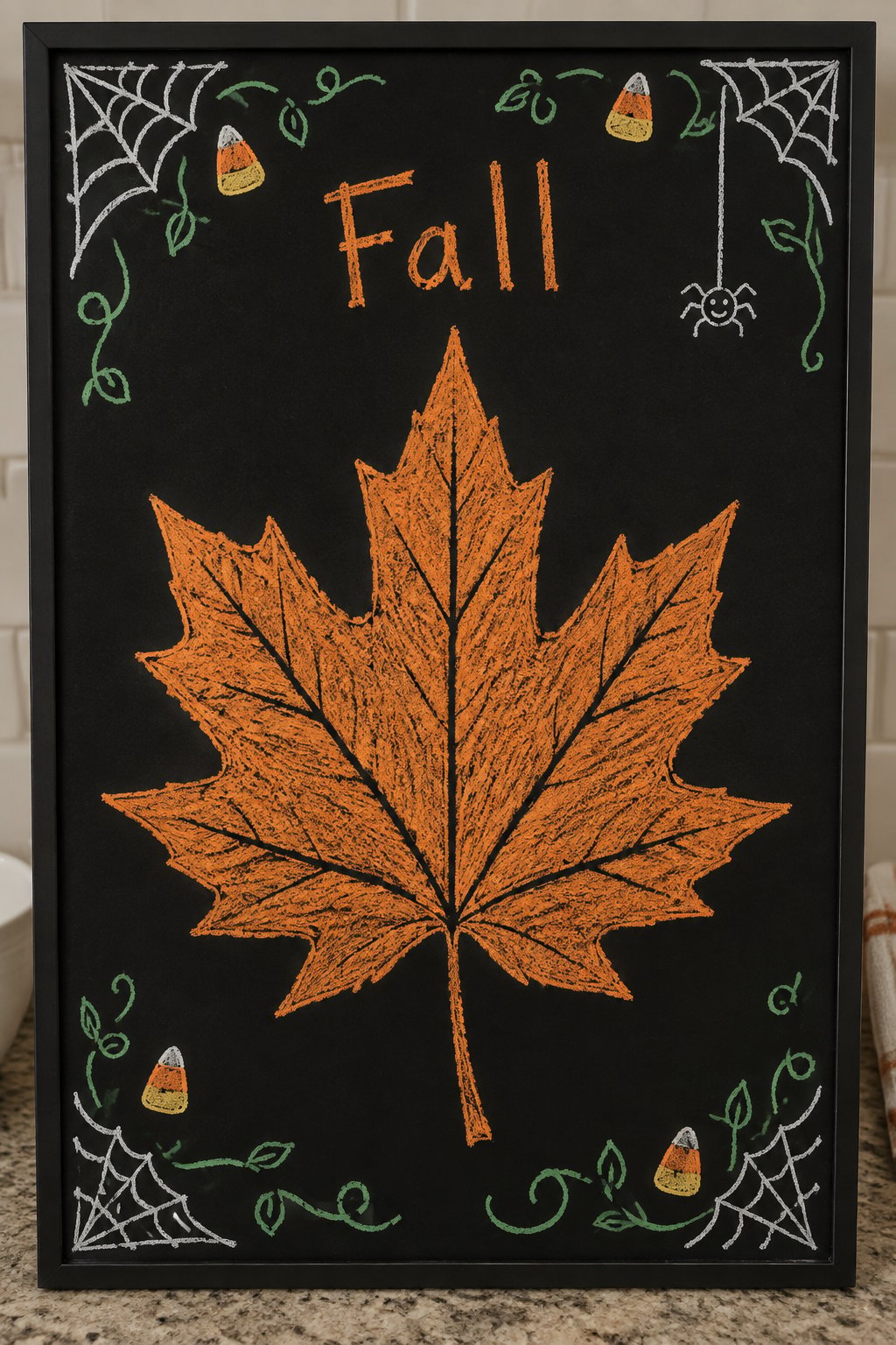 Just One Leaf Board: a framed Halloween chalkboard sign reading "Fall", hand-drawn in chalk with one single oversized maple leaf filling most of the board.