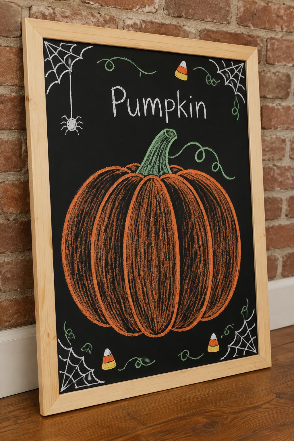 Just One Pumpkin Board: a framed Halloween chalkboard sign reading "Pumpkin", hand-drawn in chalk with one single oversized pumpkin filling most of the board, no extra decoration.