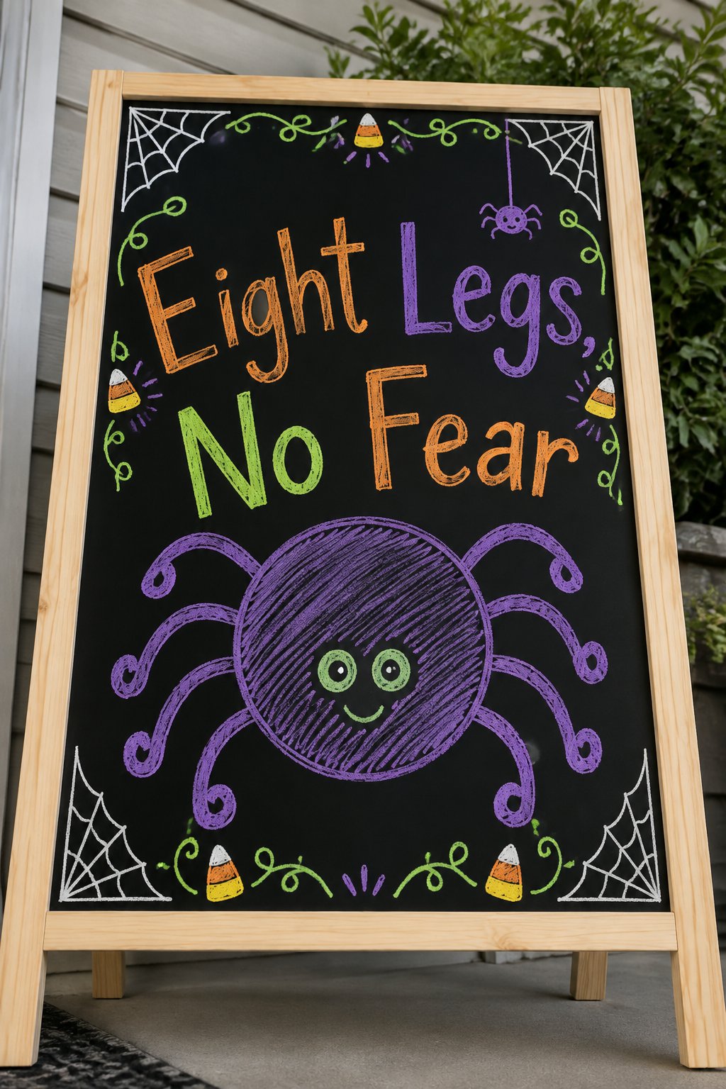 Just One Spider Board: a framed Halloween chalkboard sign reading "Eight Legs, No Fear", hand-drawn in chalk with one single oversized round spider with simple curled legs, filling most of the board.