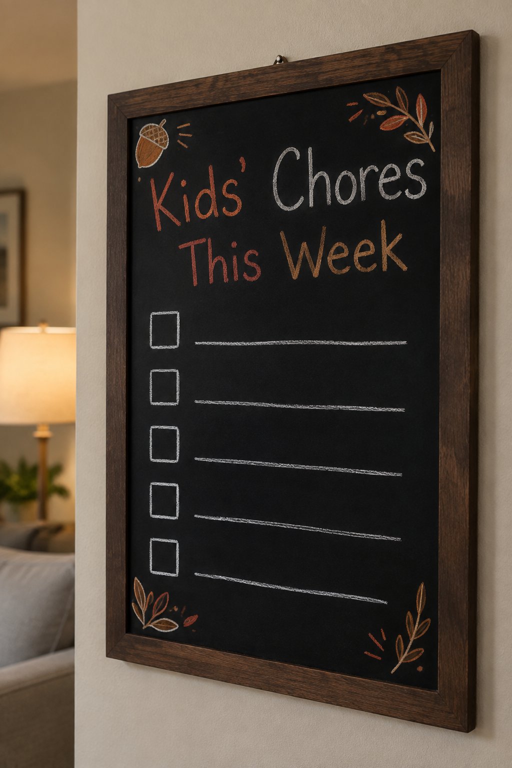 Kids' Chore Calendar: a framed chalkboard sign showing "Kids' Chores This Week", hand-drawn in fall chalk colors, with five empty checkbox squares beside five blank lines, sized for a child's chores.