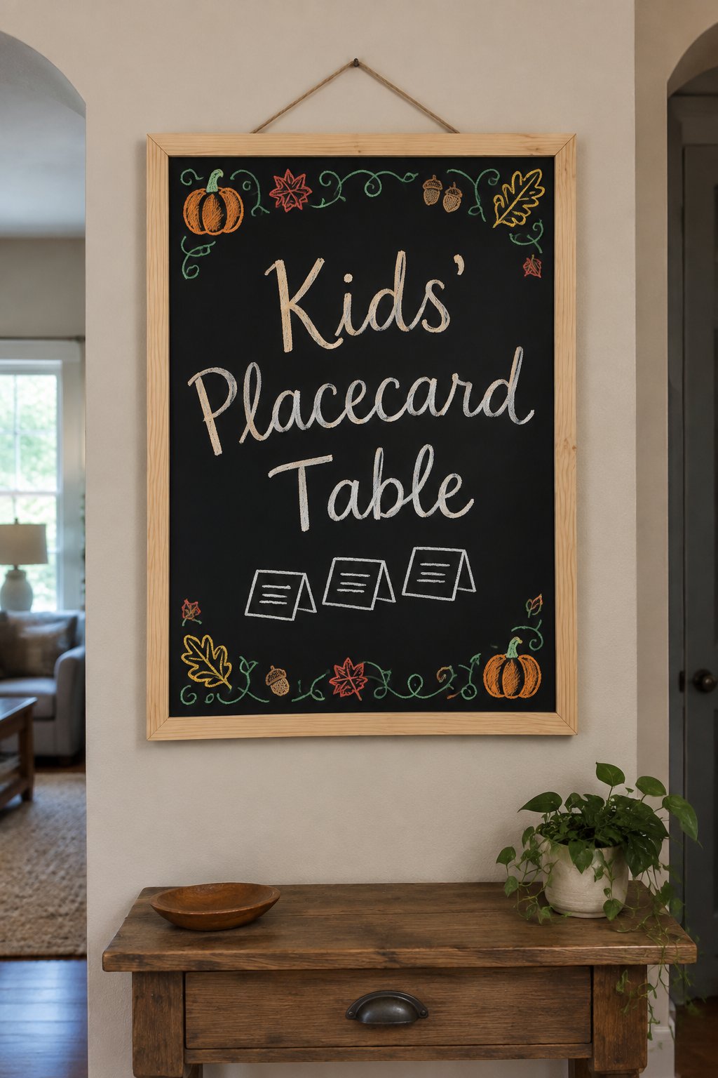 Kids Placecard Table Sign: a framed fall chalkboard sign reading "Kids' Placecard Table", hand-drawn in chalk with three small folded placecards leaning together in a row.