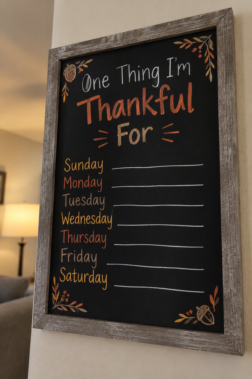 Kids' Thankful Journal Board: a framed chalkboard sign showing "One Thing I'm Thankful For", hand-drawn in fall chalk colors, with seven small blank lines, one for each day of the week, for a child to